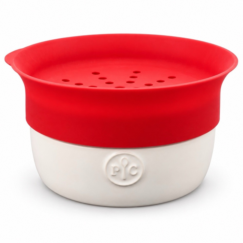 Pampered Chef Microwave Pasta Cooker #2633 Ceramic Bowl Red Silicone Strainer